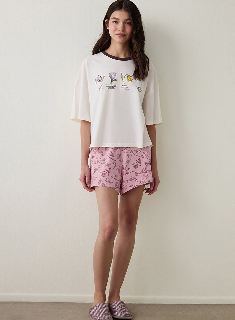 Penti Ecru Steppe Tulip Floral Printed Organic Cotton Crew Neck Short Sleeve Pajama Set With Shorts - Image 1